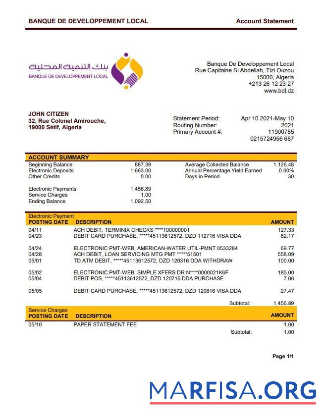Blank Algeria Banque De Developpement Local bank statement example